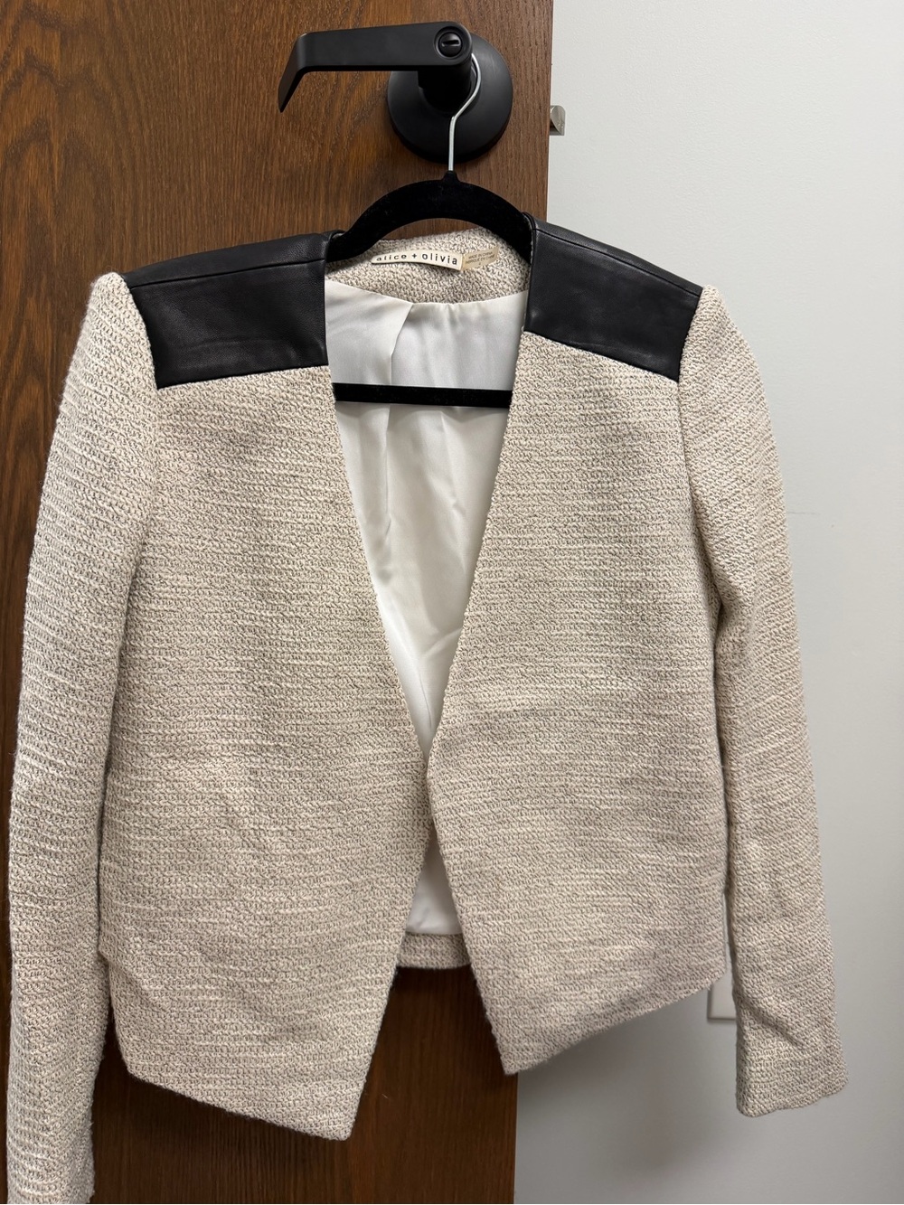 Alice + Olivia Cream Textured Jacket with Black Leather